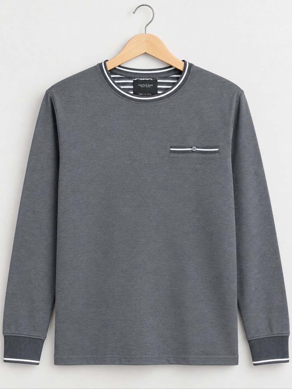 Denim and Flower Men's Crewneck Sweater in Charcoal with Stripe Trim